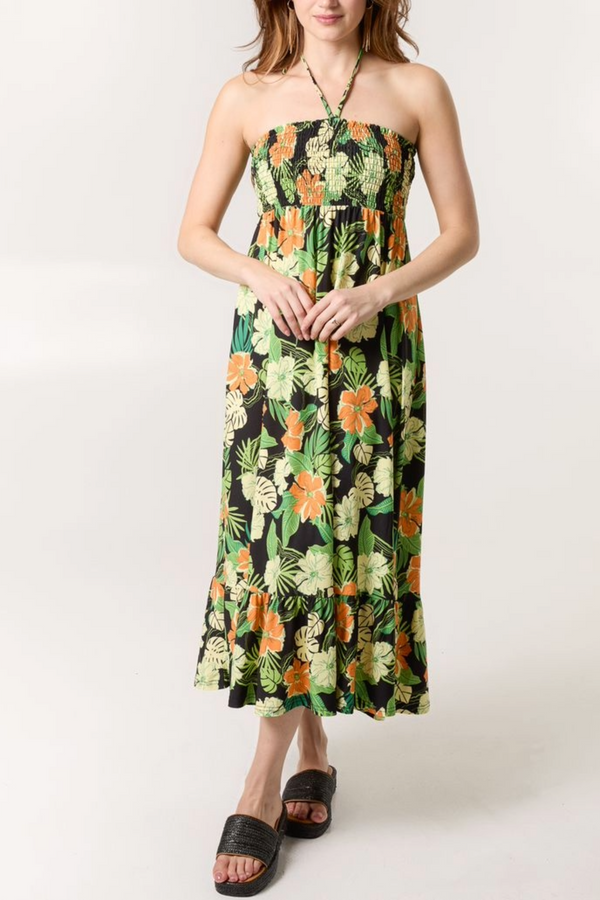 Qed London Tropical Floral Print Shirred Bandeau Dress