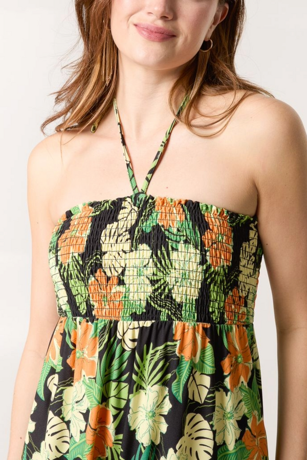Qed London Tropical Floral Print Shirred Bandeau Dress
