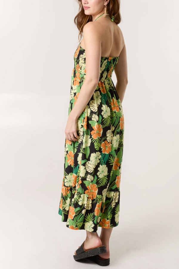 Qed London Tropical Floral Print Shirred Bandeau Dress