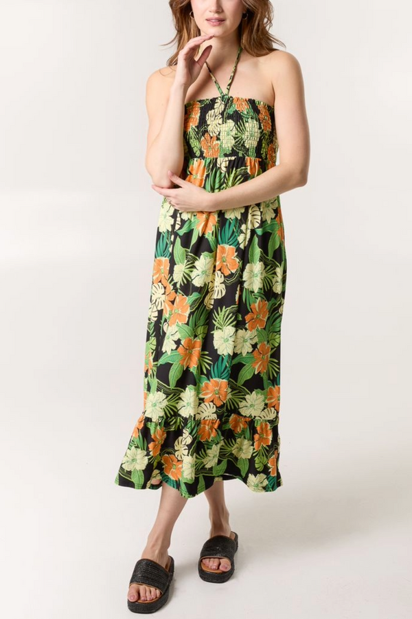 qed london Tropical Floral Print Shirred Bandeau Dress