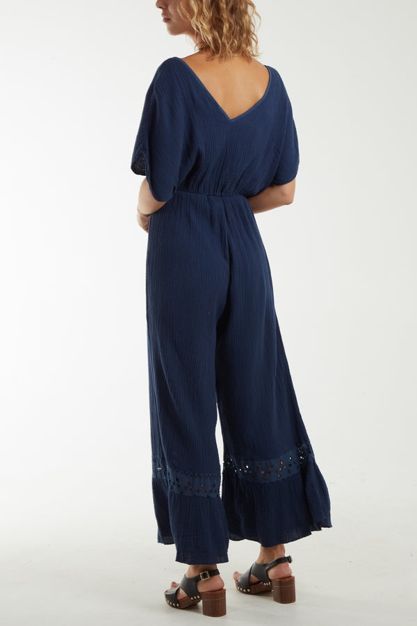 Qed London V-Neck Cheesecloth Jumpsuit Broderie Detail