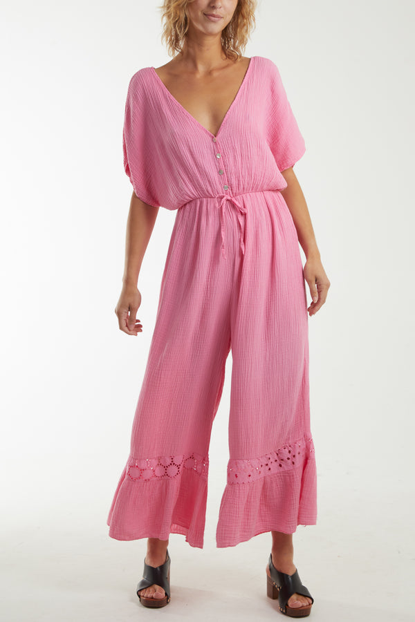 Qed London V-Neck Cheesecloth Jumpsuit Broderie Detail