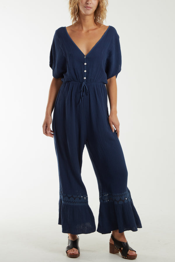 qed london V-Neck Cheesecloth Jumpsuit Broderie Detail
