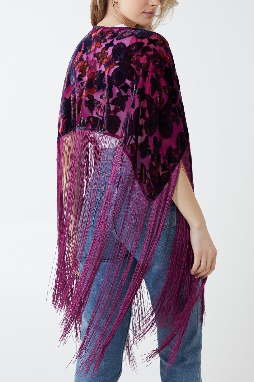 Qed London Velvet Butterfly Print Long Fringed Kimono Cape