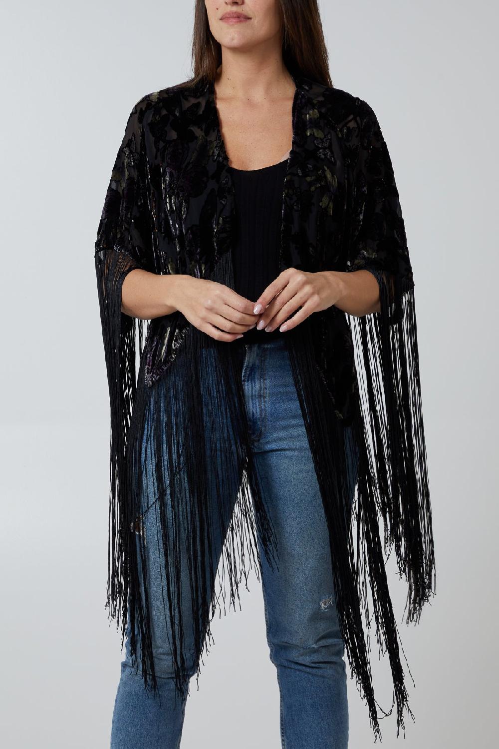 Qed London Velvet Butterfly Print Long Fringed Kimono Cape