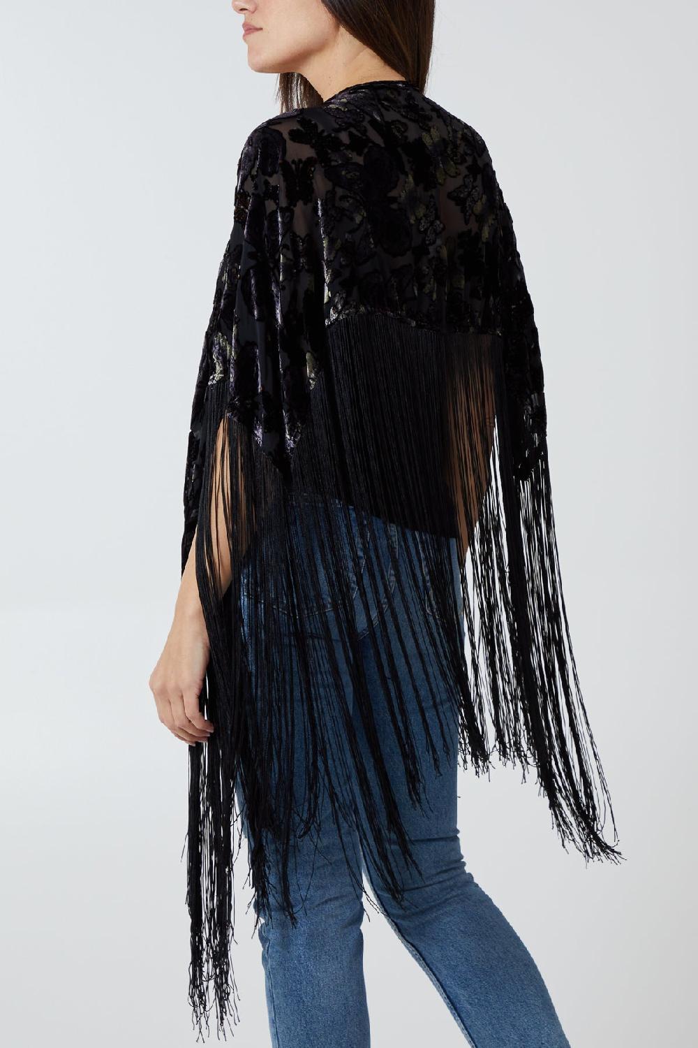 Qed London Velvet Butterfly Print Long Fringed Kimono Cape