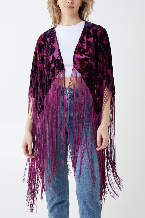 qed london Velvet Butterfly Print Long Fringed Kimono Cape