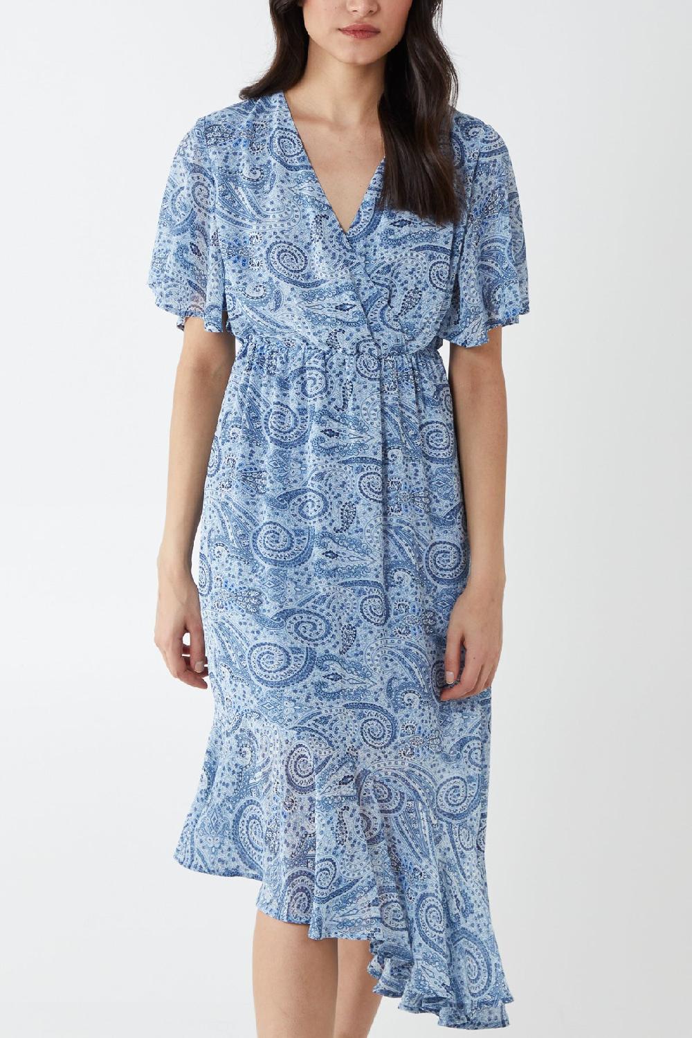 Qed London Wrap Front Asymmetric Hem Paisley Print Midi Dress