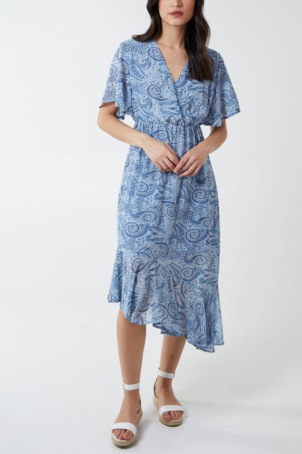 qed london Wrap Front Asymmetric Hem Paisley Print Midi Dress