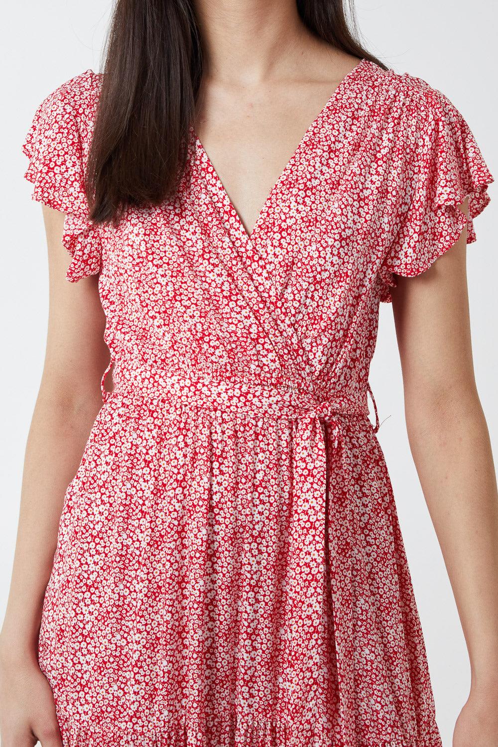 Qed London Wrap Front Frill Sleeve Tiered Maxi Dress