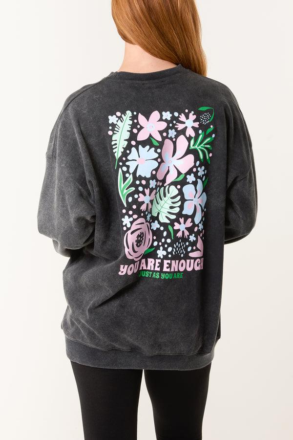 Qed London 'You Are Enough' & Flower Acid Wash Sweatshirt