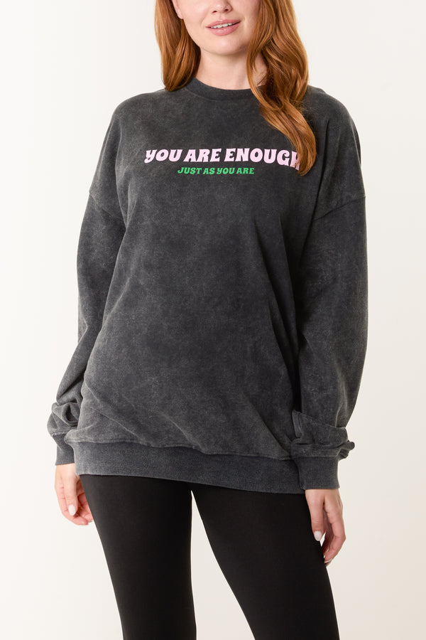 qed london 'You Are Enough' & Flower Acid Wash Sweatshirt