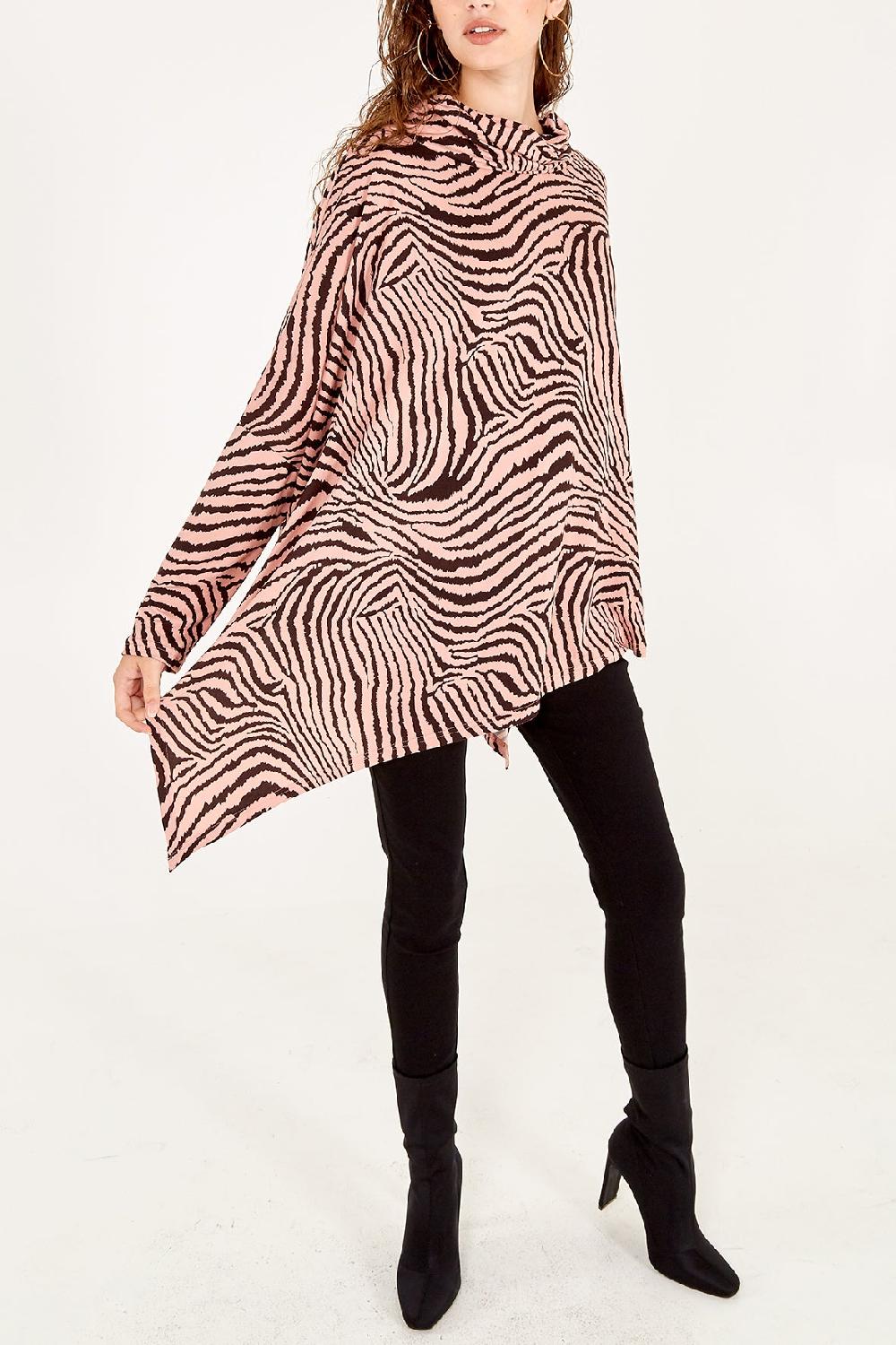 Qed London Zebra Oversized Asymmetric Cowl Neck Top