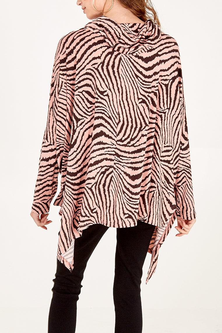 Qed London Zebra Oversized Asymmetric Cowl Neck Top