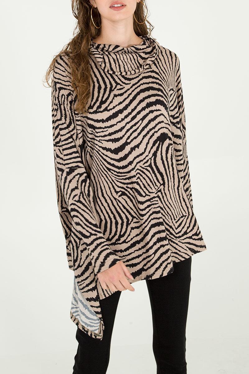 Qed London Zebra Oversized Asymmetric Cowl Neck Top