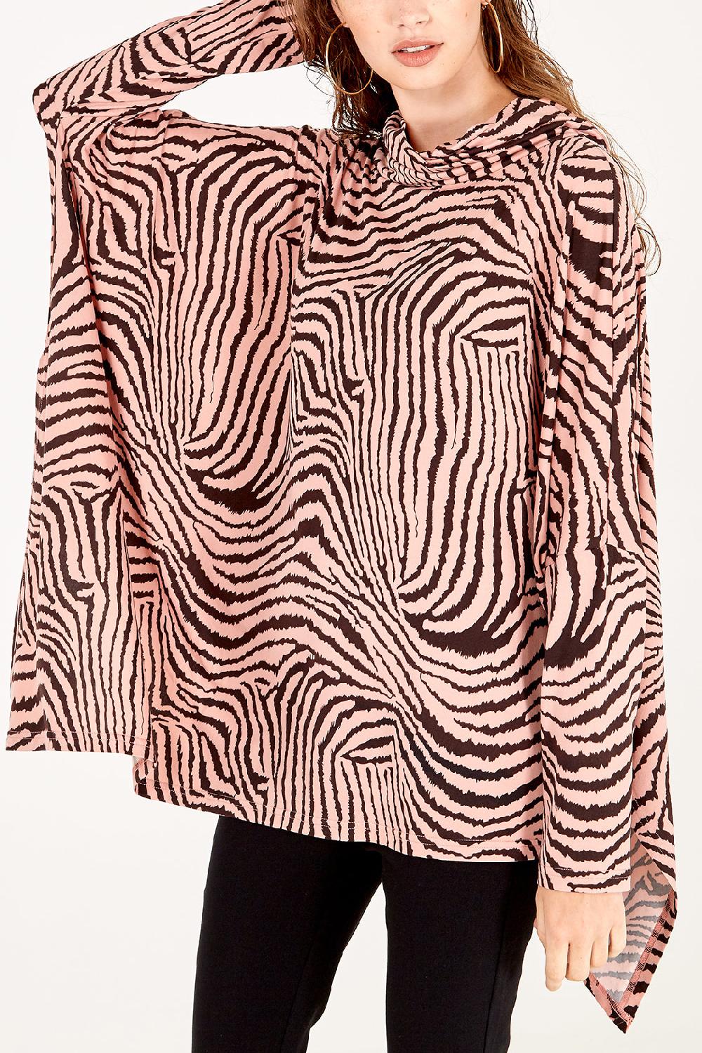 Qed London Zebra Oversized Asymmetric Cowl Neck Top