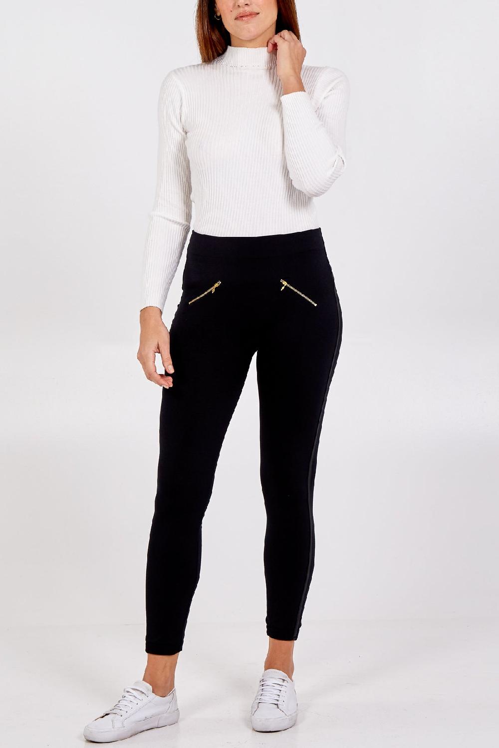 Qed London Zip Detail PU Stripe Fleece Lined Legging