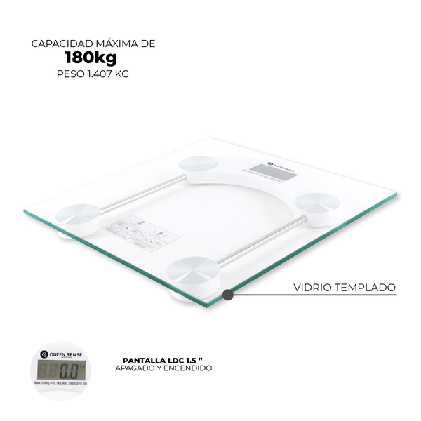 Queen Sense Báscula Digital Cuadrada Vidrio Templado
