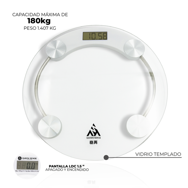 Queen Sense Báscula Digital Redonda Vidrio Templado