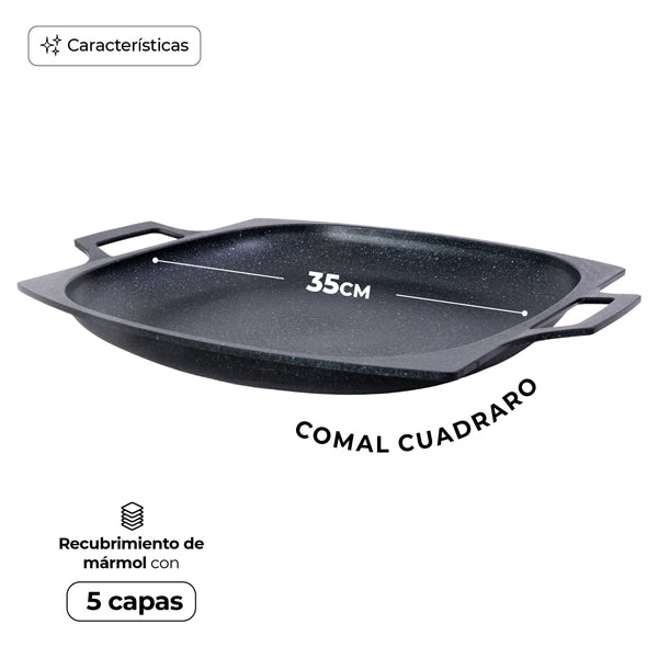 Queen Sense Comal Cuadrado Mármol 32cm Inducción Antiadherente Negro