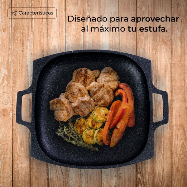 Queen Sense Comal Cuadrado Mármol 32cm Inducción Antiadherente Negro