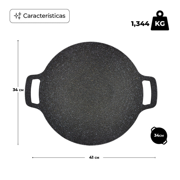 Queen Sense Comal Redondo 34 Cm Con Recubrimiento De Mármol Antiadherente Resistente En Color Negro