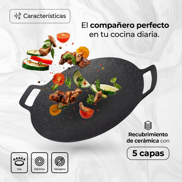 Queen Sense Comal Redondo 34 Cm Con Recubrimiento De Mármol Antiadherente Resistente En Color Negro