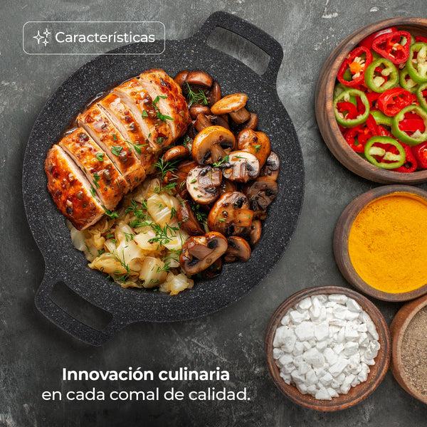 Queen Sense Comal Redondo 34 Cm Con Recubrimiento De Mármol Antiadherente Resistente En Color Negro