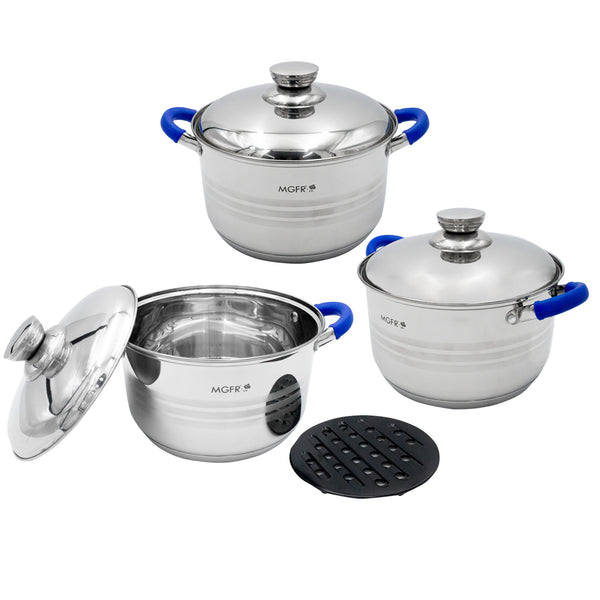 Queen Sense Juego De 3 Cacerolas Con Tapa Acero Inoxidable Silicona