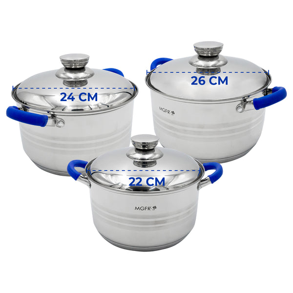 Queen Sense Juego De 3 Cacerolas Con Tapa Acero Inoxidable Silicona