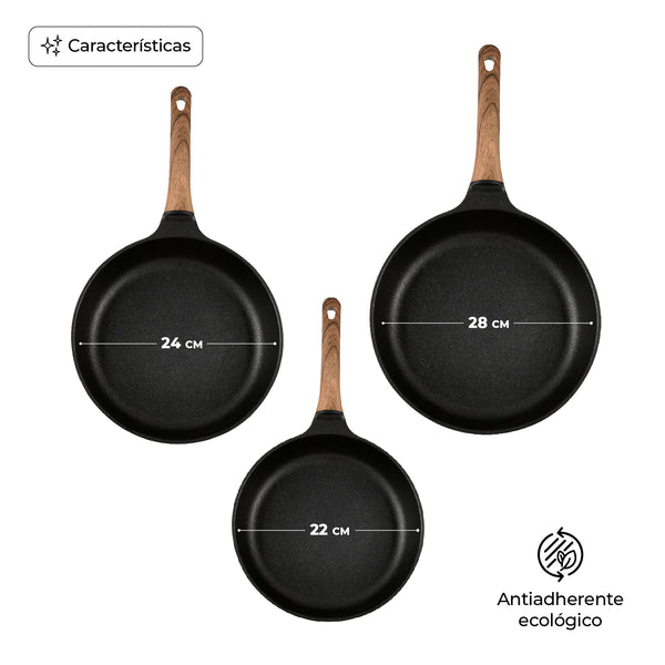 Queen Sense Juego De 3 Sartenes Con Recubrimiento De Inoble Antiadherente 22 24 Y 28cm