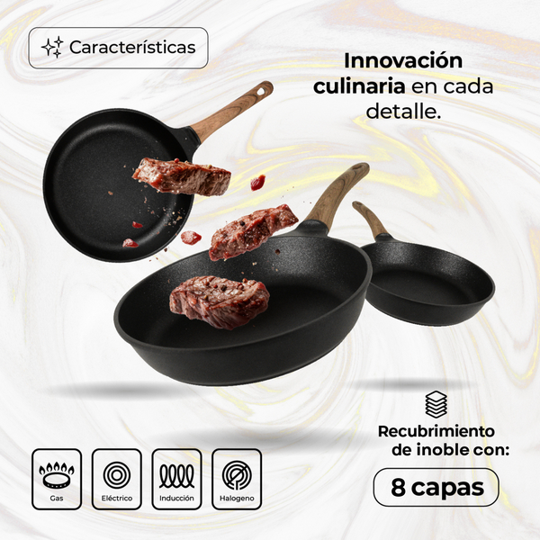 Queen Sense Juego De 3 Sartenes Con Recubrimiento De Inoble Antiadherente 22 24 Y 28cm