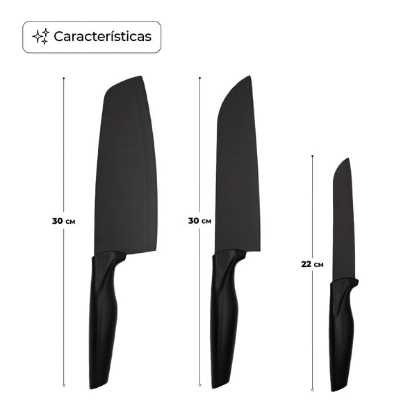 Queen Sense Juego De Cuchillos De Cocina 3 Piezas Diseño Minimalista Negro