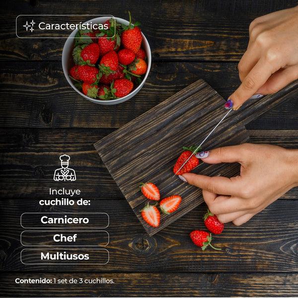 Queen Sense Juego De Cuchillos De Cocina 3 Piezas Diseño Minimalista Negro