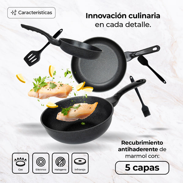 Queen Sense Juego De Sartenes Mármol Y Utensilios Antiadherentes 9 Pz