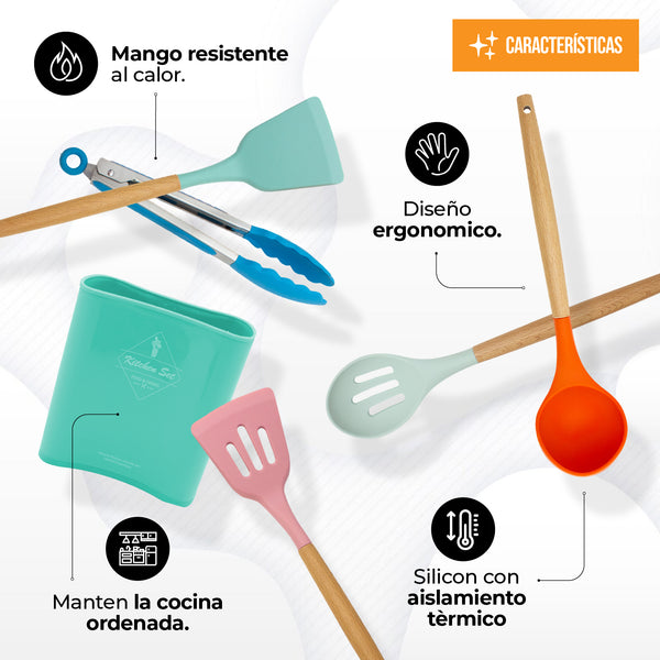 Queen Sense Juego De Utensilios Para Cocina De Silicón Con Base 14pz