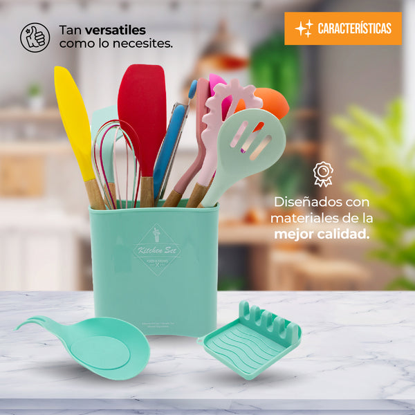 Queen Sense Juego De Utensilios Para Cocina De Silicón Con Base 14pz