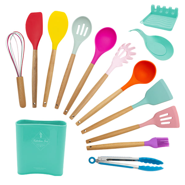 queen sense Juego De Utensilios Para Cocina De Silicón Con Base 14pz