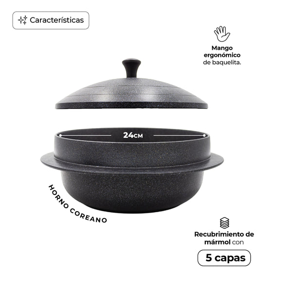 Queen Sense Olla Tipo Horno Coreano 24cm Mármol Inducción Tapa