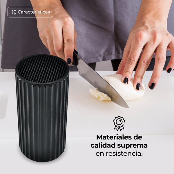 Queen Sense Portacuchillos Universal Cilíndrico Con 20 Rejillas Negro