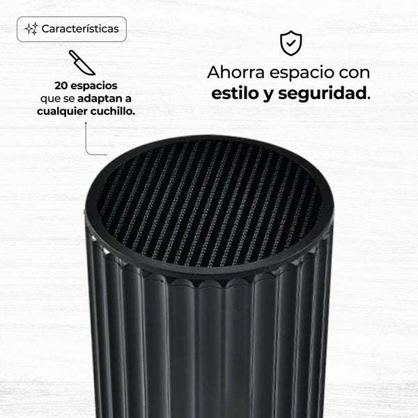 Queen Sense Portacuchillos Universal Cilíndrico Con 20 Rejillas Negro