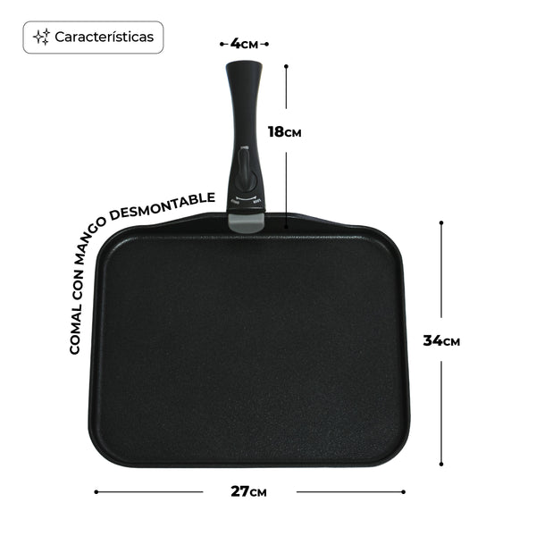 Queen Sense Sartén Comal Rectangular Multiusos Con Mango Desmontable