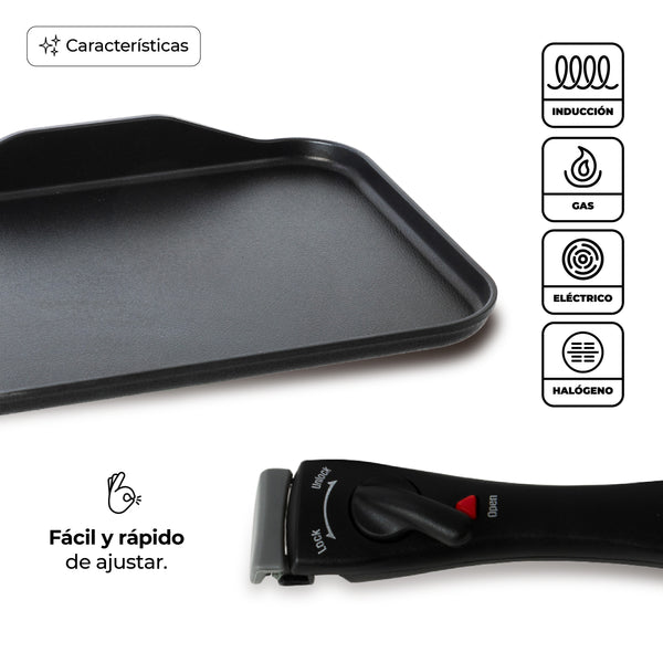 Queen Sense Sartén Comal Rectangular Multiusos Con Mango Desmontable