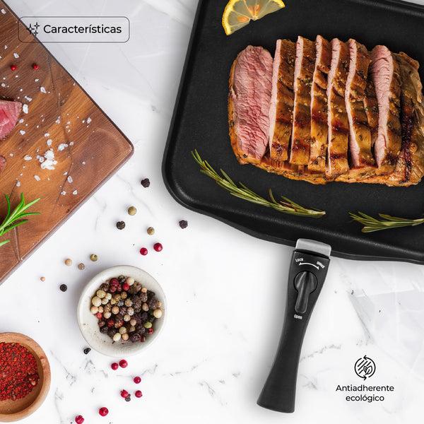 Queen Sense Sartén Comal Rectangular Multiusos Con Mango Desmontable