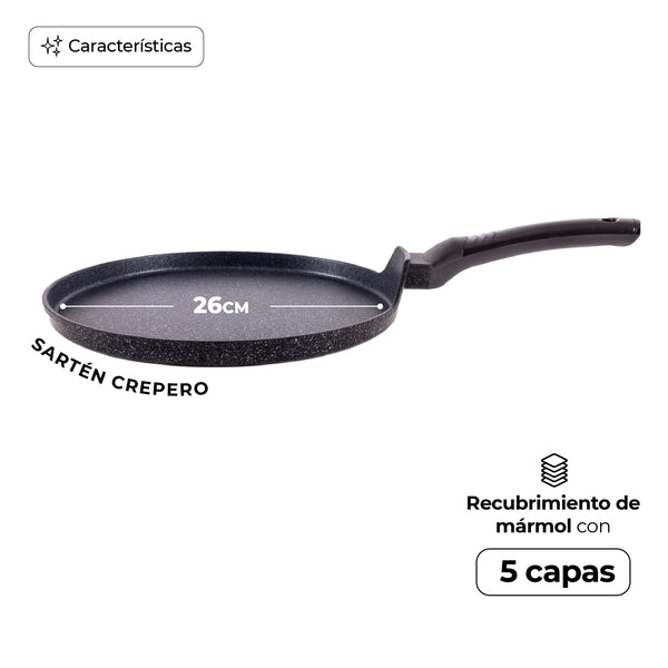 Queen Sense Sartén Crepera Comal Antiadherente Mármol 26cm Negro