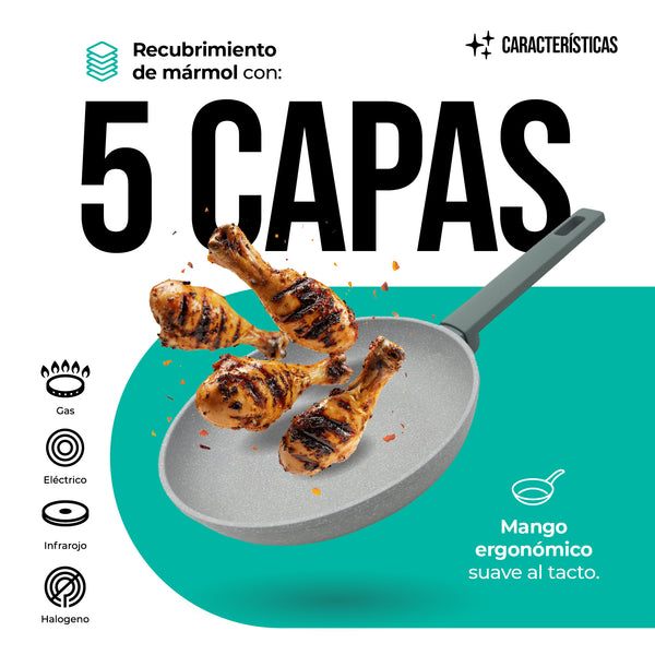 Queen Sense Sartén FOREST Gris 24cm Mármol Antiadherente Premium Y Mango Suave