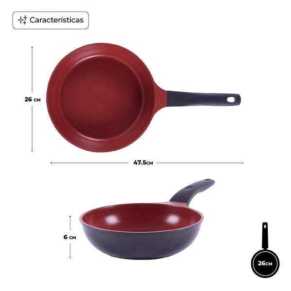 Queen Sense Sartén Plano Volcánico Térmico Rojo 26 Cm