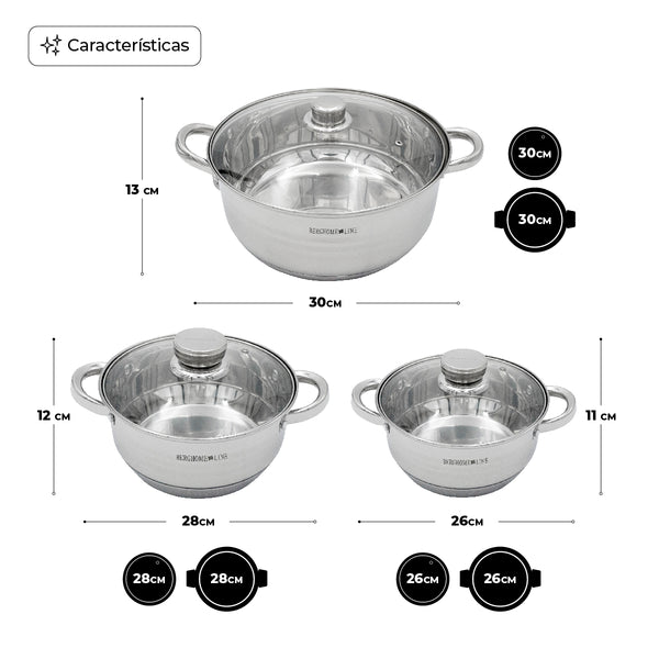 Queen Sense Set 3 Cacerolas De Acero Inoxidable Con Tapas