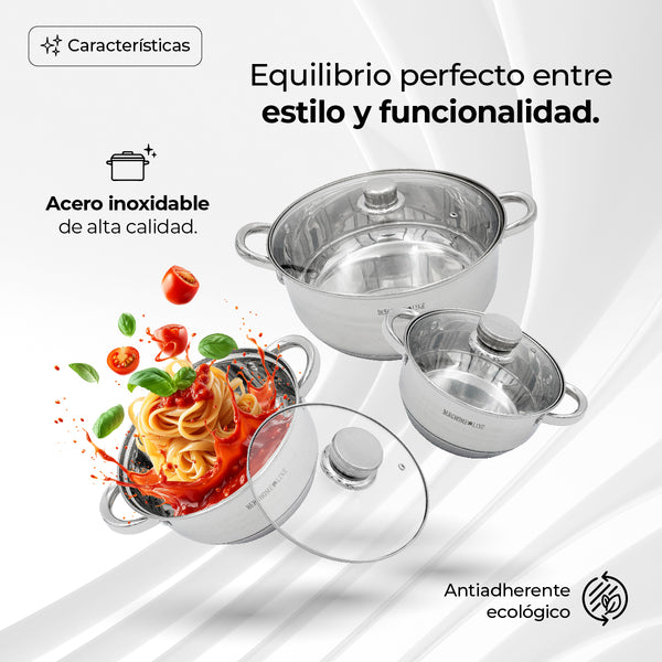 Queen Sense Set 3 Ollas Con Tapa Acero Inoxidable Antiadherente