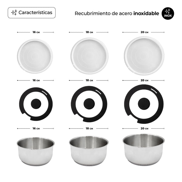 Queen Sense Set 3 Ollas De Acero Inoxidable Antiadherente Y Mango Desmontable